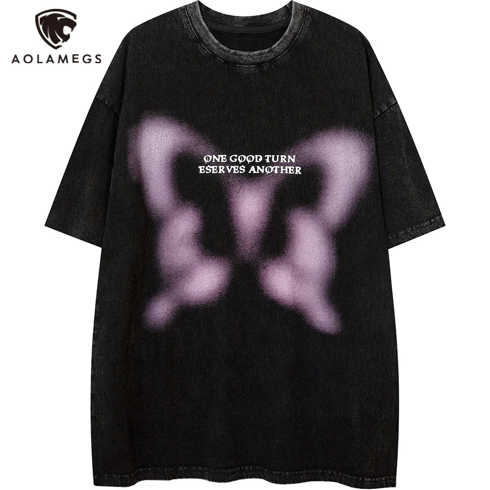 Aolamegs Butterfly Inkjet Letter Print Washed T-shirt Men Short Sleeve Tops Retro High Street Baggy Oversized Tees Shirts Couple Street King Limited