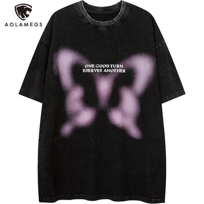 Aolamegs Butterfly Inkjet Letter Print Washed T-shirt Men Short Sleeve Tops Retro High Street Baggy Oversized Tees Shirts Couple Street King Limited