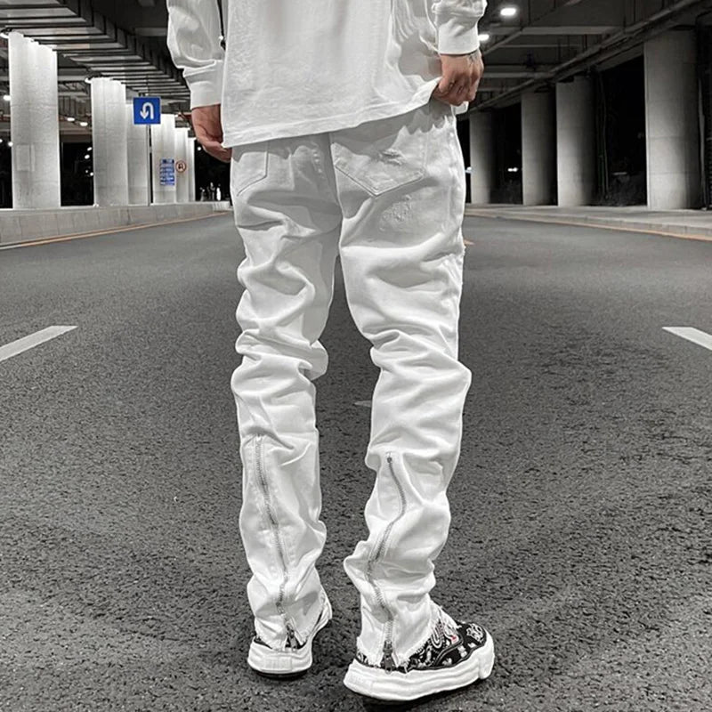Harajuku Back Zipper Hole Ripped White Jeans Pants Mens Straight Washed Retro Oversized Streetwear Casual Denim Trousers Street King Limited