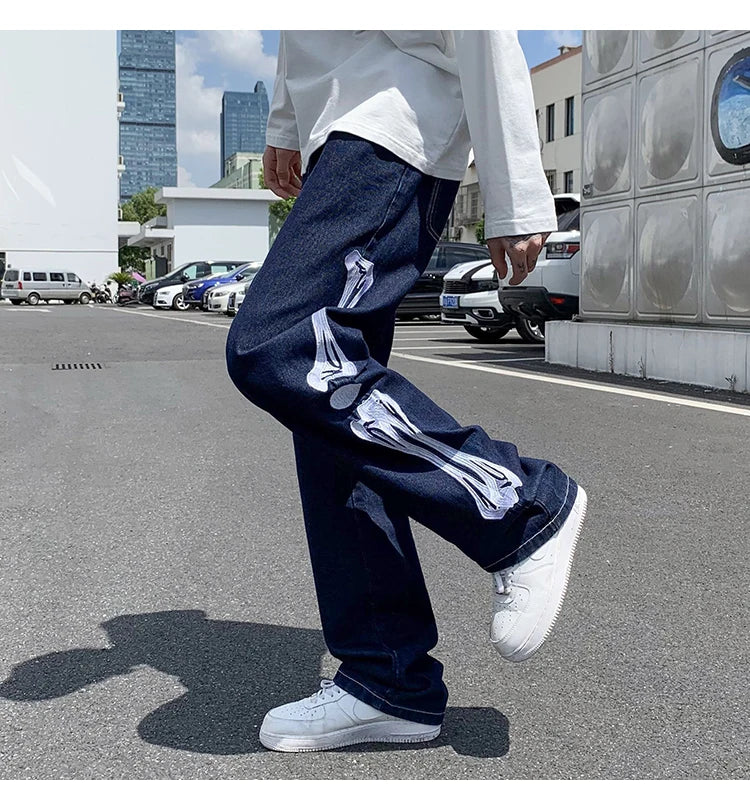skeleton embroidery straight jean pants couples mopping trousers mens streetwear denim pants mens clothing jeans for men baggy unique jeans style 2626