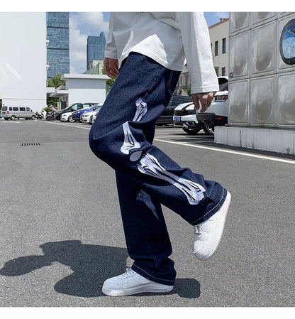 skeleton embroidery straight jean pants couples mopping trousers mens streetwear denim pants mens clothing jeans for men baggy unique jeans style 2626