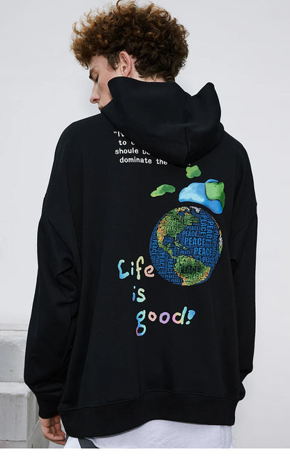 2023 Hip Hop Streetwear Hoodies Sweatshirt Globe Print Men Harajuku Pullover Hoodie Winter Fleece Cotton Autumn Sweatshirt Loose Street King Limited