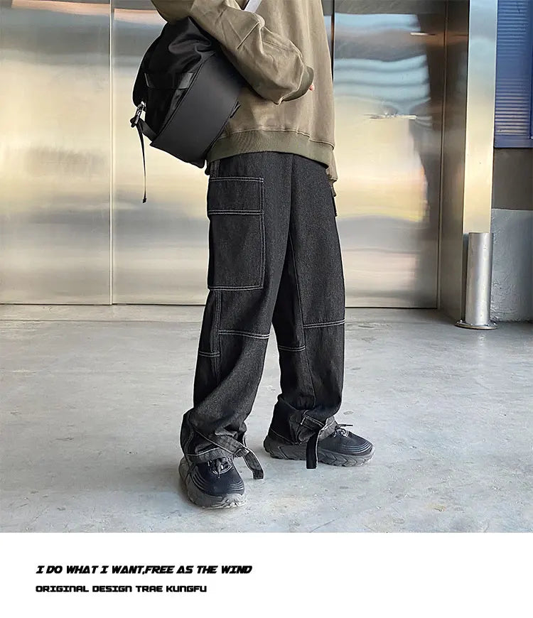 men jeans wide leg denim pants loose straight baggy mens jeans hip hop streetwear skateboard neutral denim trousers cargo jeans unique cargo style 2484
