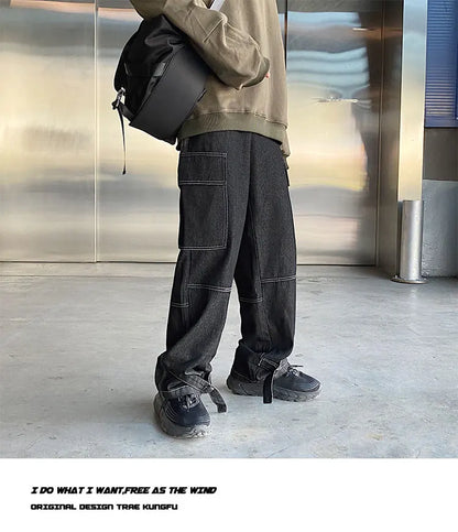 men jeans wide leg denim pants loose straight baggy mens jeans hip hop streetwear skateboard neutral denim trousers cargo jeans unique cargo style 2484