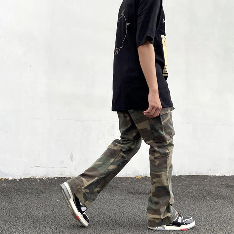 2023 camouflage micro flare pants fashionable streetwear camo cargo pants for male slim fit trousers women baggy casual clothes unique cargo style 2638