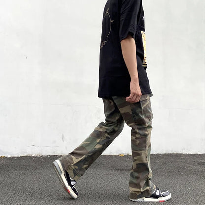 2023 camouflage micro flare pants fashionable streetwear camo cargo pants for male slim fit trousers women baggy casual clothes unique cargo style 2638