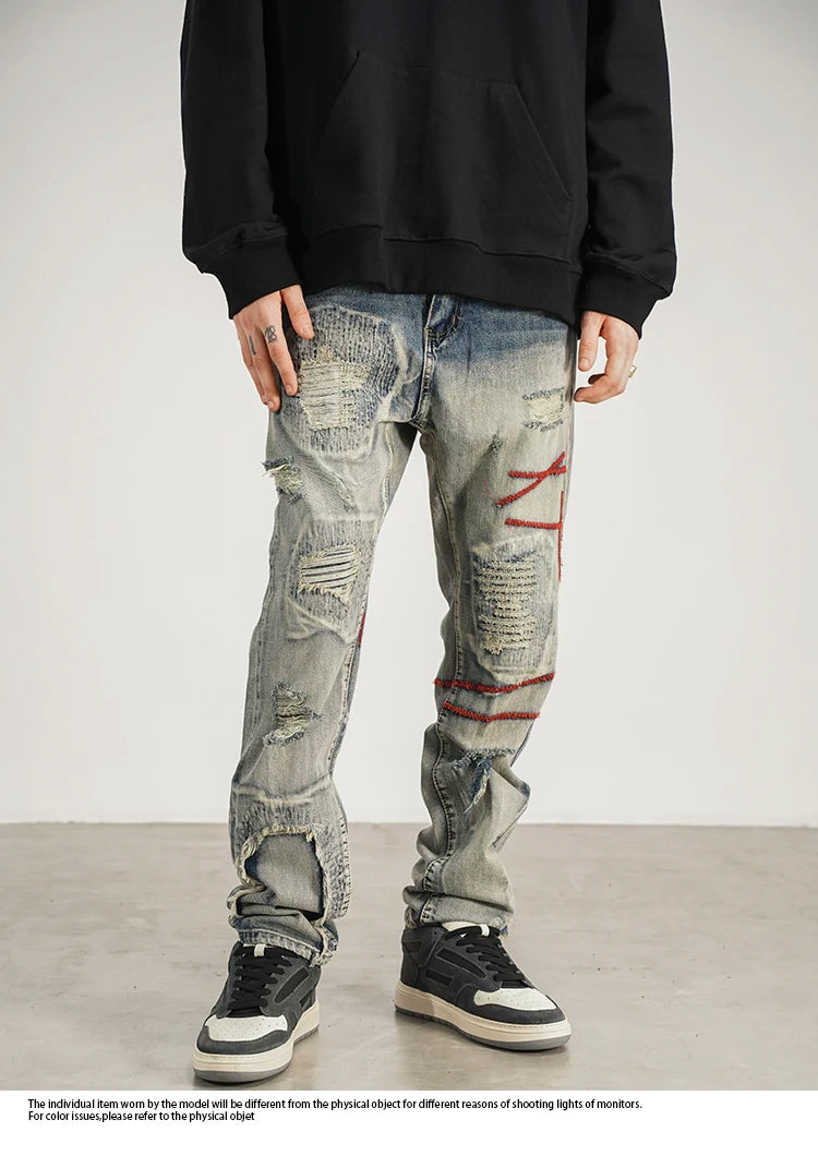 destroyed ripped straight jeans pants mens distressed biker jeans fashion irregular embroidery streetwear hip hop pants joggers unique joggers style 2942