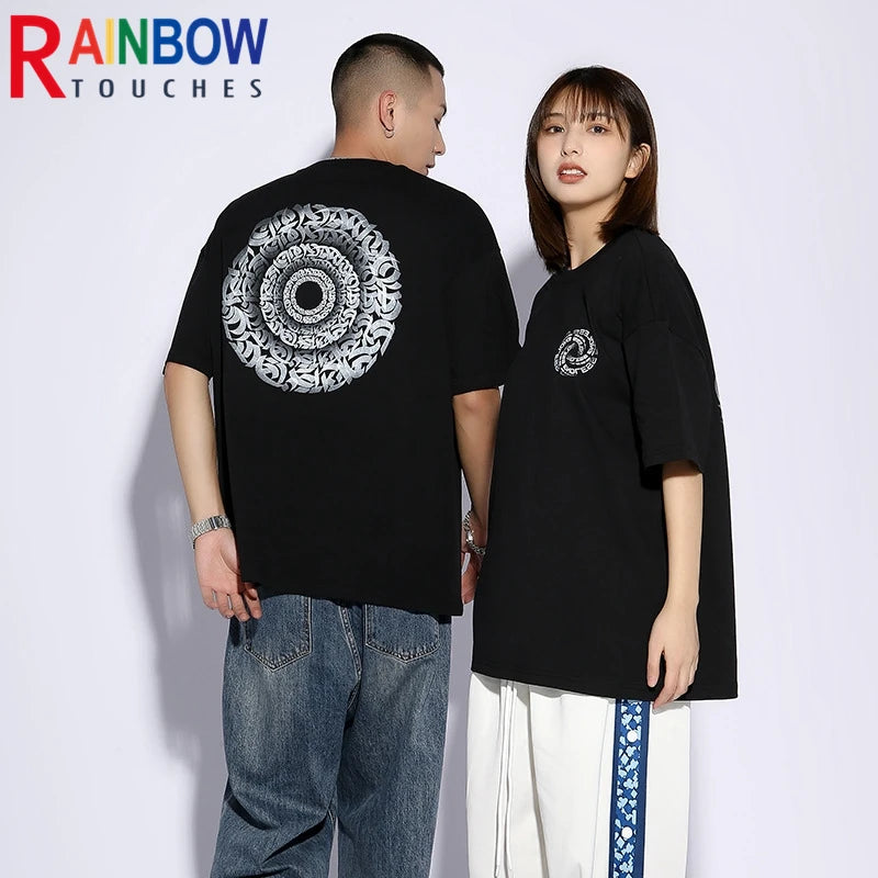 Rainbowtouhes 2022 New Half Sleeve Cotton Unisex Trendy T-shirt Men High Street Fashion Hip Hop Style Circle Pattern T Shirts Street King Limited