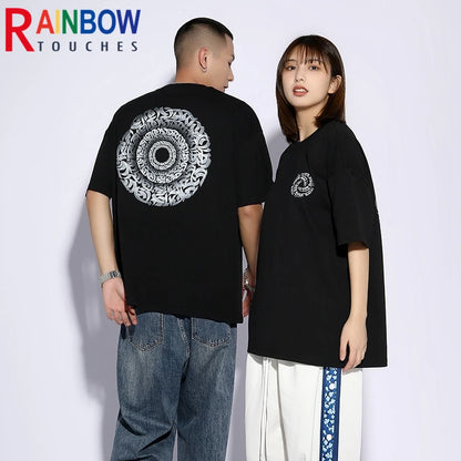 Rainbowtouhes 2022 New Half Sleeve Cotton Unisex Trendy T-shirt Men High Street Fashion Hip Hop Style Circle Pattern T Shirts Street King Limited