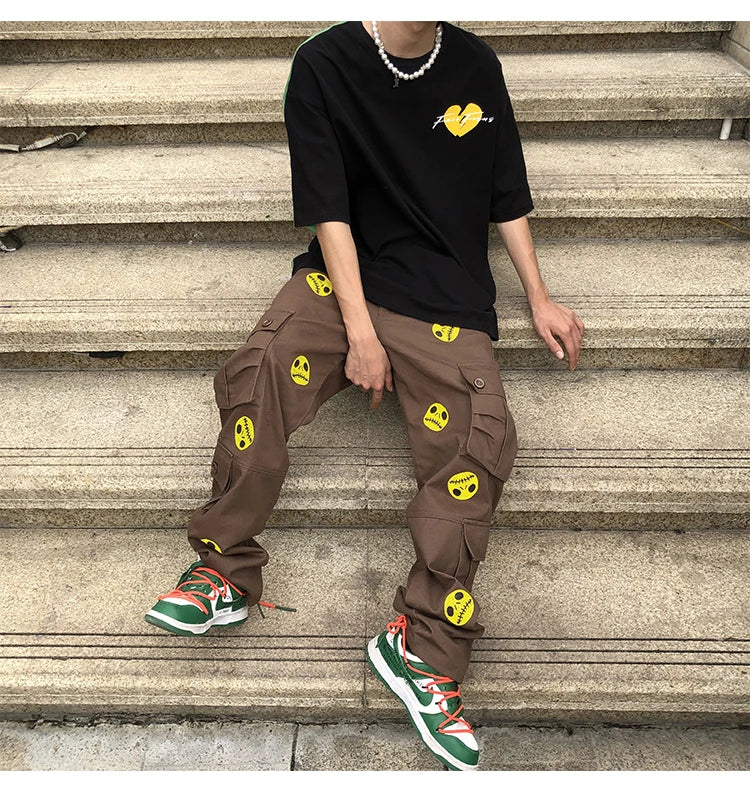 mens high street smilely loose cargo pants casual zipper straight jeans hip hop side pockets loose fit streetwear casual joggers unique joggers style 2472