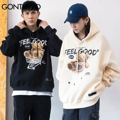 GONTHWID Men Hip Hop Hoodie Sweatshirt Streetwear Funny Bear Print Hooded Harajuku Winter Cotton Fleece Pullover Khaki Black Street King Limited