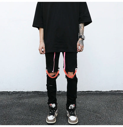 high street knee hole with chain ripped biker jeans mens slim fit denim pants autumn new streetwear casual hip hop pants joggers unique joggers style 3247