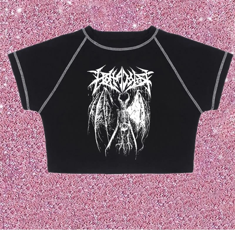 Women's T-shirt Harajuku Y2K crop Top Harajuku Retro Korean Black Demon Punk Gothic Anime Print Clothes Slim anime Street King Limited