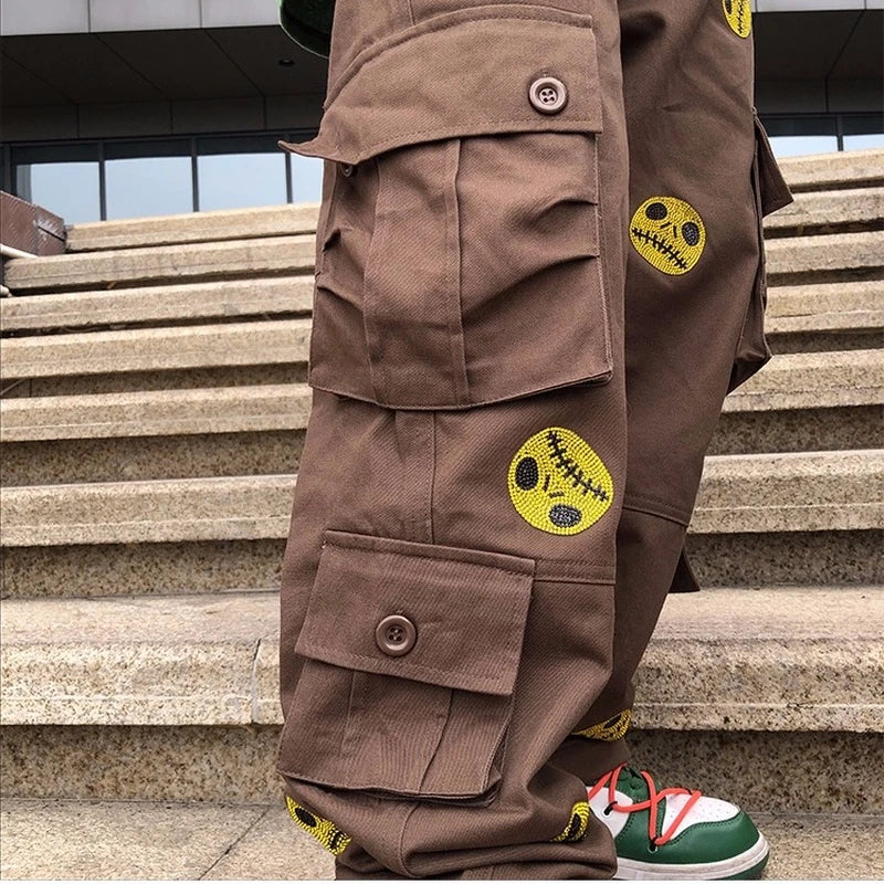mens high street smilely loose cargo pants casual zipper straight jeans hip hop side pockets loose fit streetwear casual joggers casual joggers