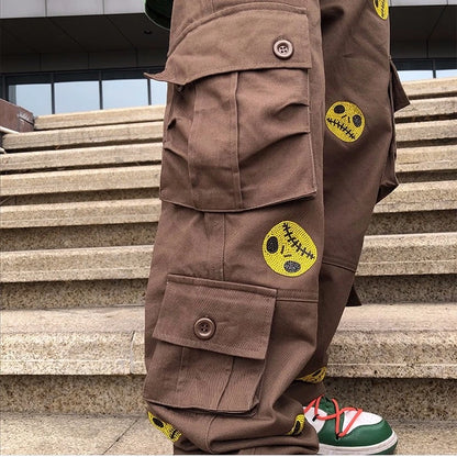 mens high street smilely loose cargo pants casual zipper straight jeans hip hop side pockets loose fit streetwear casual joggers casual joggers