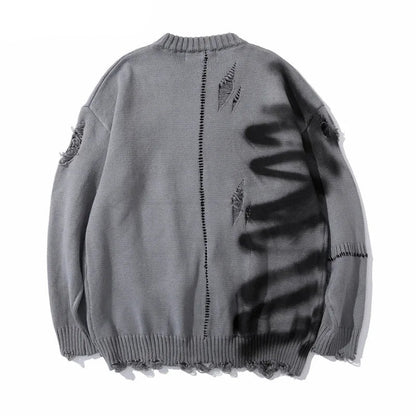 Mens Hip Hop Destroy Ripped Holes Streetwear Graffiti Harajuku Sweater Vintage Retro Knitted Sweater New Casual Cotton Pullover Street King Limited