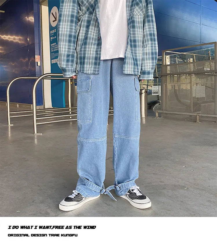 men jeans wide leg denim pants loose straight baggy mens jeans hip hop streetwear skateboard neutral denim trousers cargo jeans unique cargo style 2474