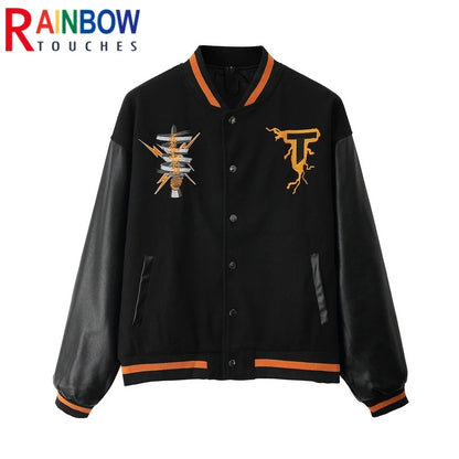 rainbowtouches men trendy hiphop embroidered baseball uniform single breasted side pocket high street stitched pu leather jacket minimalist street pants
