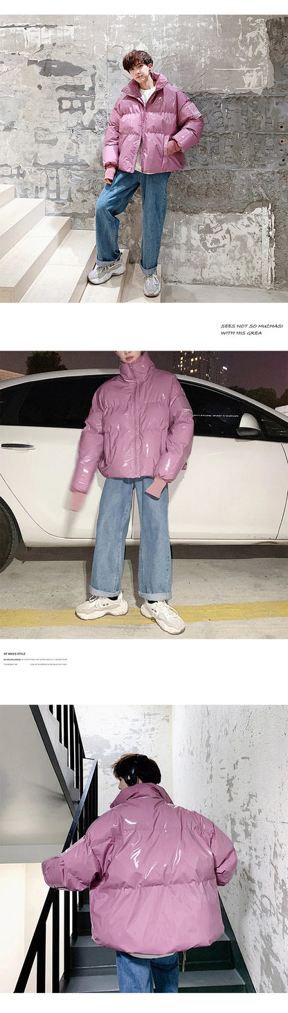 NEW Winter collar loose bright leather fabric jacket wind thick warm coat men women couple purple cotton clothing Street King Limited