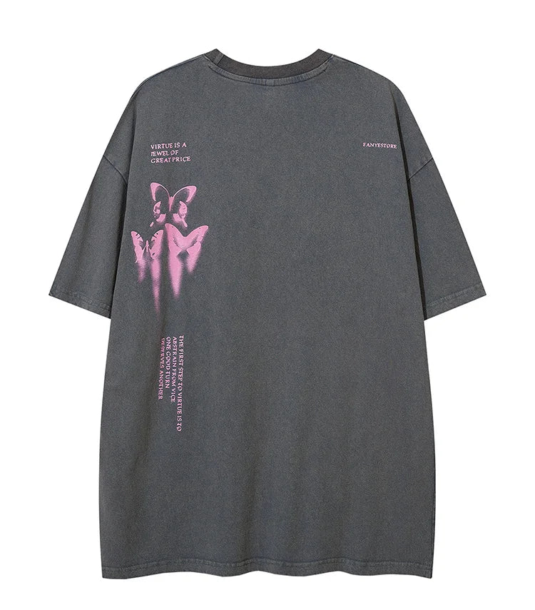 Aolamegs Butterfly Inkjet Letter Print Washed T-shirt Men Short Sleeve Tops Retro High Street Baggy Oversized Tees Shirts Couple Street King Limited
