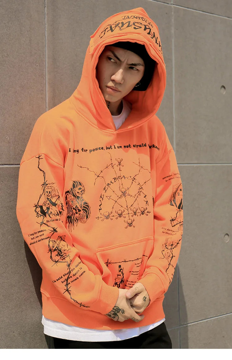 2023 Hip Hop Hoodie Sweatshirt Men Streetwear Skull Graffiti Print Hoodie Pullover Cotton Autumn Grey Harajuku Punk Clothes New Street King Limited