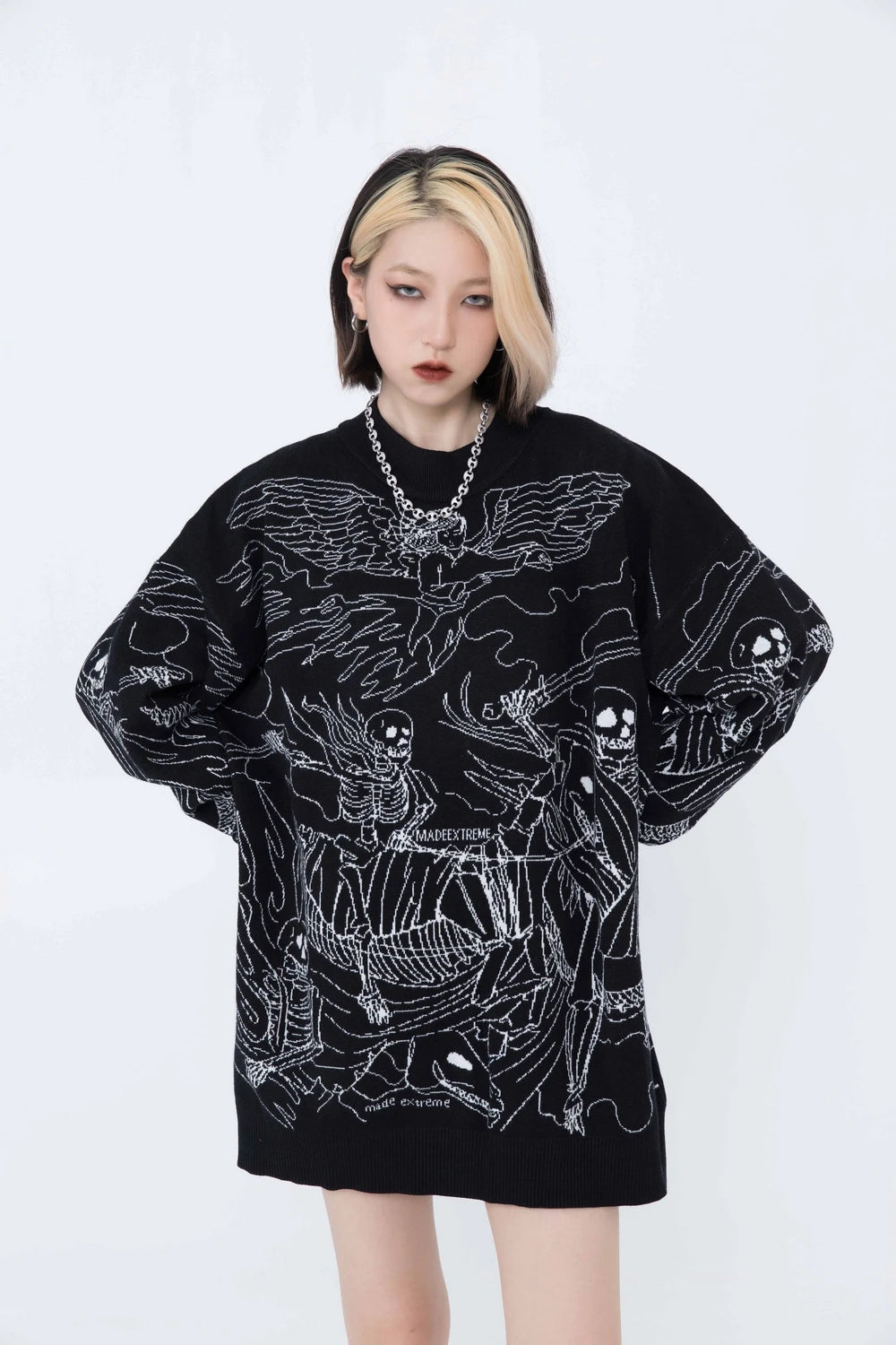 Vintage Knitted Sweater Harajuku Ukiyo-e Style Skull Graffiti Pullover 2021 Autumn Streetwear Sweater Men Women Cotton Knitwear Street King Limited