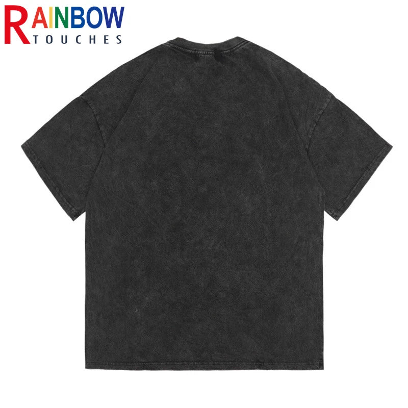Rainbowtouhes 2022 New High Street Fashion Hip Hop Trend Short Sleeve Skeleton Graphic T-shirt Oversized Retro Wash Casual Top Street King Limited
