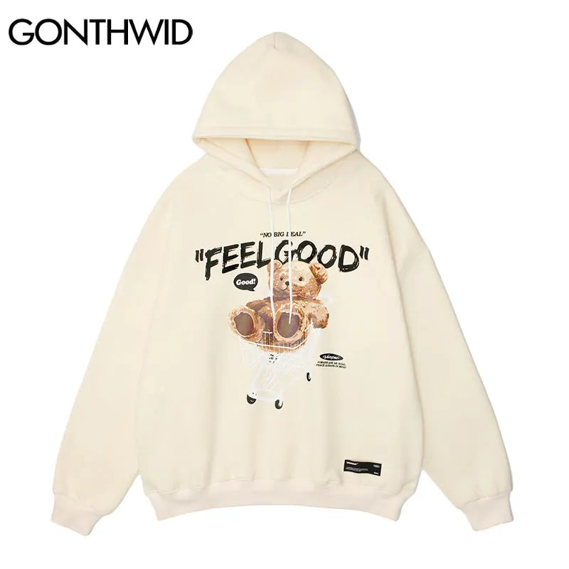 GONTHWID Men Hip Hop Hoodie Sweatshirt Streetwear Funny Bear Print Hooded Harajuku Winter Cotton Fleece Pullover Khaki Black Street King Limited