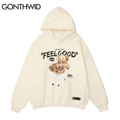 GONTHWID Men Hip Hop Hoodie Sweatshirt Streetwear Funny Bear Print Hooded Harajuku Winter Cotton Fleece Pullover Khaki Black Street King Limited