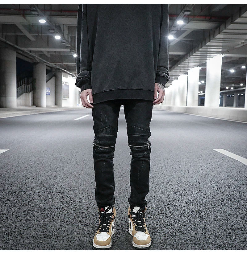 knee zipper hole patckwork skinny denim jeans men casual slim biker trousers jeans fashion streetwear hip hop jean pants joggers unique joggers style 18