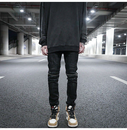knee zipper hole patckwork skinny denim jeans men casual slim biker trousers jeans fashion streetwear hip hop jean pants joggers unique joggers style 18