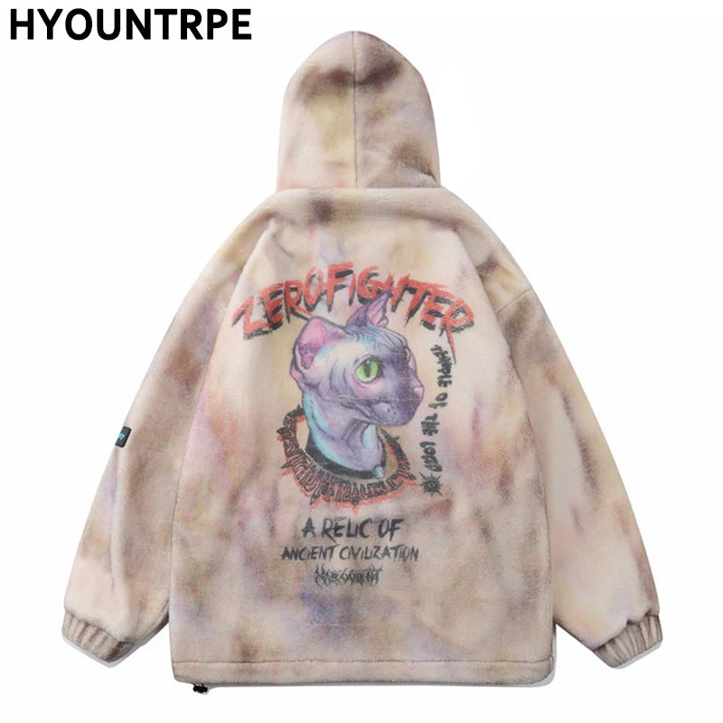 mens hip hop cats harajuku printed fleece jackets coats hairy zipper oversize hoodies outerwears warm thick streetwear parkas minimalist street pants