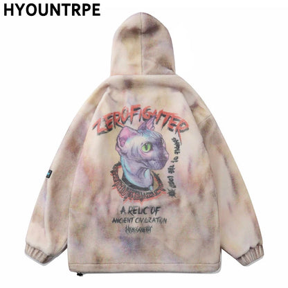 mens hip hop cats harajuku printed fleece jackets coats hairy zipper oversize hoodies outerwears warm thick streetwear parkas minimalist street pants
