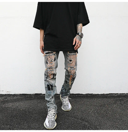 bottom zipper destroyed jeans skinny jeans ripped slim men biker jeans fashion graffiti printed streetwear hip hop pants joggers unique joggers style 5127
