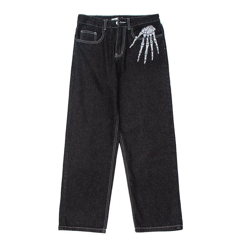 retro skull hand bone embroidery washed mens jeans pants vibe style straight casual oversize denin trousers streetwear vintage washed jeans