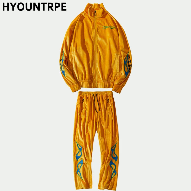 2 pieces set men embroidery velvet zipper jacket and elastic waist loose straight pants sweatsuit hip hop tracksuits sweatsuit unique default style 3291