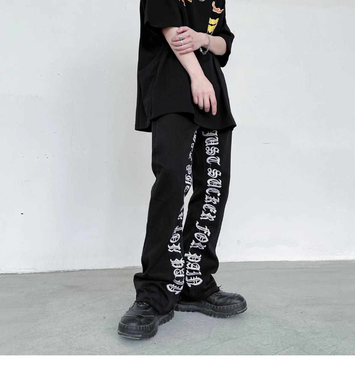fashion letters embroidery denim flare jeans mens high street elastic waist straight trouser hip hop streetwear pants joggers unique joggers style 3772