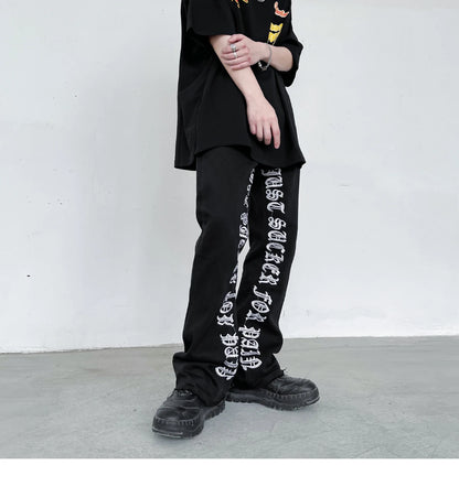 fashion letters embroidery denim flare jeans mens high street elastic waist straight trouser hip hop streetwear pants joggers unique joggers style 3772