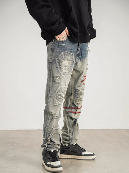 destroyed ripped straight jeans pants mens distressed biker jeans fashion irregular embroidery streetwear hip hop pants joggers sporty tapered joggers