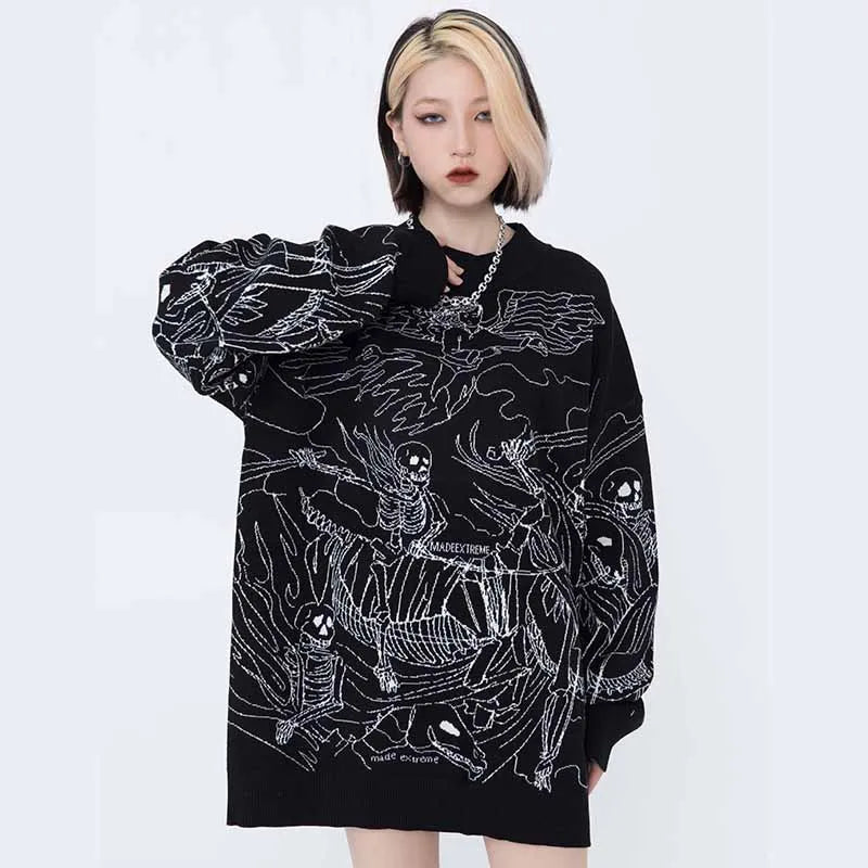 Vintage Knitted Sweater Harajuku Ukiyo-e Style Skull Graffiti Pullover 2021 Autumn Streetwear Sweater Men Women Cotton Knitwear Street King Limited