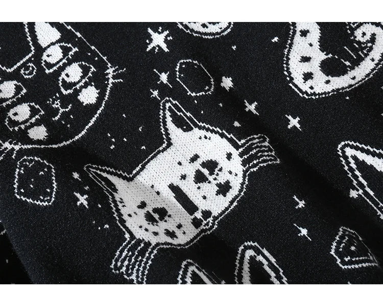 Aolamegs Sweaters Men Japanese Retro Cute Cat O-Neck Jumpers Advanced College Style Fashion Knitted Tops Loose Casual Streetwear Street King Limited