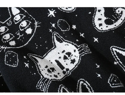 Aolamegs Sweaters Men Japanese Retro Cute Cat O-Neck Jumpers Advanced College Style Fashion Knitted Tops Loose Casual Streetwear Street King Limited