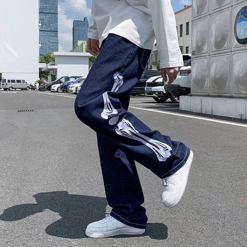 skeleton embroidery straight jean pants couples mopping trousers mens streetwear denim pants mens clothing jeans for men baggy vintage washed jeans