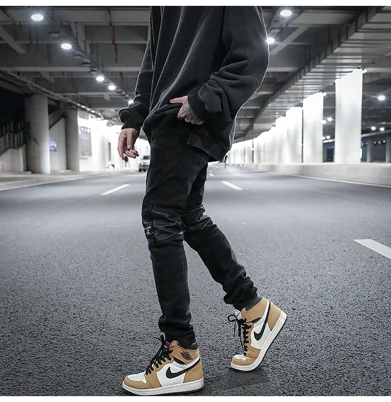 knee zipper hole patckwork skinny denim jeans men casual slim biker trousers jeans fashion streetwear hip hop jean pants joggers unique joggers style 24