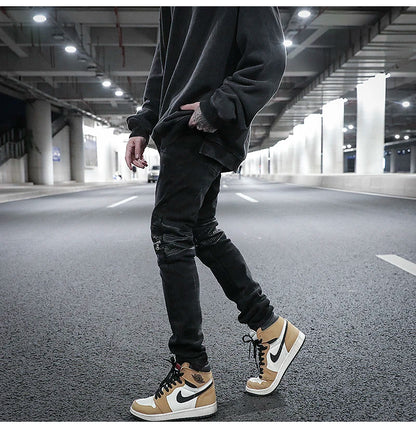 knee zipper hole patckwork skinny denim jeans men casual slim biker trousers jeans fashion streetwear hip hop jean pants joggers unique joggers style 24