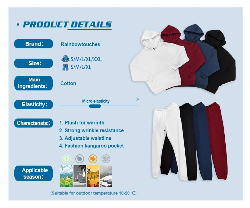 rainbowtouches quality pure cotton 2 piece couple hoodie solid color hip hop casual sportswear pullover mens pants plush unique default style 277