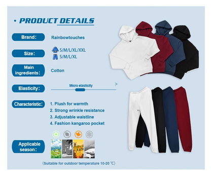 rainbowtouches quality pure cotton 2 piece couple hoodie solid color hip hop casual sportswear pullover mens pants plush unique default style 277