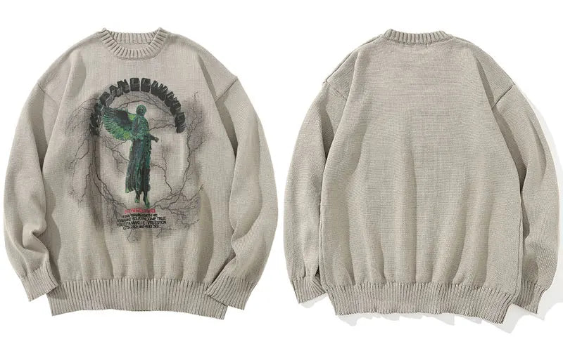 GONTHWID Knitted Sweaters Hip Hop Lightning 3D Angel Statue Print Pullover Sweater Streetwear Hip Hop Fashion Casual Loose Tops Street King Limited