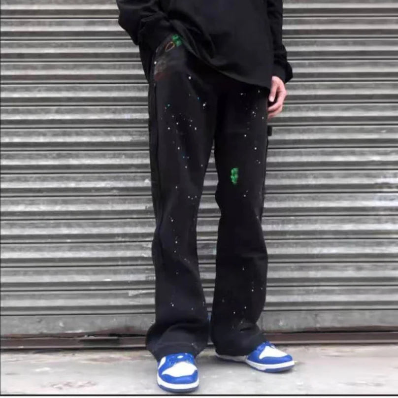 Graffiti Ink Painted Wide Leg Flare Pants Mens Streetwear Straight Casual Jeans Harajuku Washed Retro Loose Denim Trousers Street King Limited