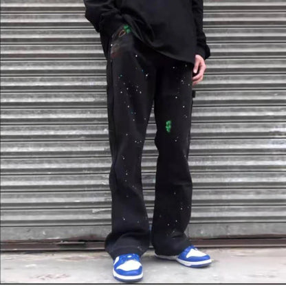 Graffiti Ink Painted Wide Leg Flare Pants Mens Streetwear Straight Casual Jeans Harajuku Washed Retro Loose Denim Trousers Street King Limited